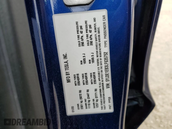 2020 Tesla Model 3 Long Range with VIN 5YJ3E1EB3LF635752, listed as a Copart auction lot 54173955 with Not Provided miles and Salvage Title. Bid and sale history available at carsss.com. Image 13.