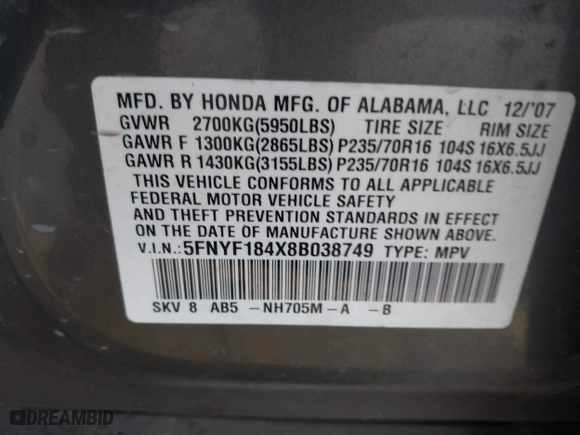 2008 Honda Pilot EX with VIN 5FNYF184X8B038749, listed as a IAAI auction lot 41419942 with 142,857 mi miles. Bid and sale history available at carsss.com. Image 9.