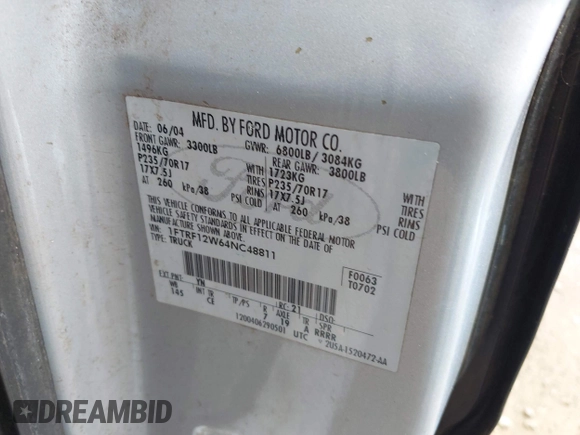 2004 Ford F-150 XL with VIN 1FTRF12W64NC48811, listed as a IAAI auction lot 42684982 with 291,031 mi miles and . Bid and sale history available at DreamBid. Image 9.