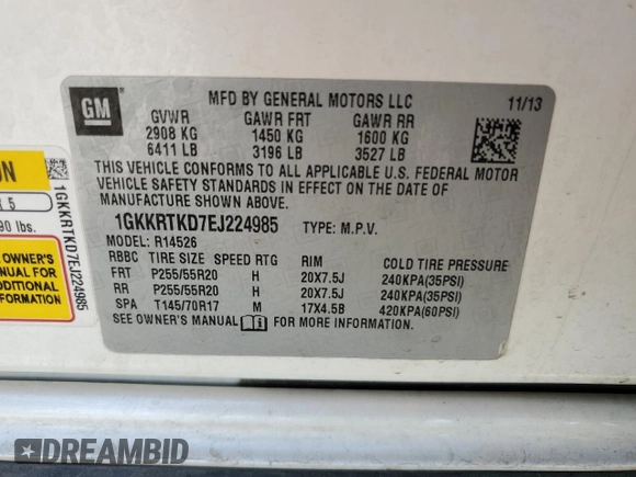 2014 GMC Acadia Denali with VIN 1GKKRTKD7EJ224985, listed as a Copart auction lot 51852035 with 201,615 mi miles and Salvage Title. Bid and sale history available at carsss.com. Image 12.