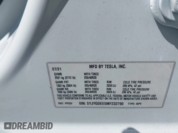 2021 Tesla Model Y Long Range with VIN 5YJYGDEE5MF232790, listed as a IAAI auction lot 41900175 with Not Provided miles. Bid and sale history available at carsss.com. Image 9.