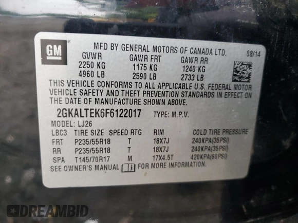 2015 GMC Terrain SLT with VIN 2GKALTEK6F6122017, listed as a Copart auction lot 61140895 with 164,974 mi miles and Salvage title. Bid and sale history available at DreamBid. Image 13.