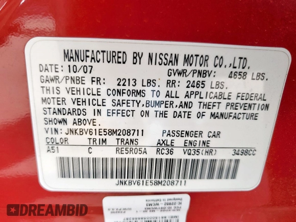 2008 Infiniti G35 Sedan Journey with VIN JNKBV61E58M208711, listed as a Copart auction lot 50606105 with 207,419 mi miles and Clean Title. Bid and sale history available at carsss.com. Image 12.