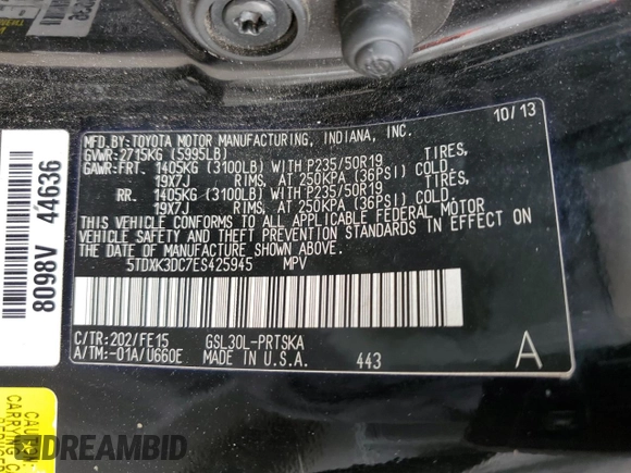 2014 Toyota Sienna SE with VIN 5TDXK3DC7ES425945, listed as a Copart auction lot 63067955 with 173,815 mi miles and Salvage title. Bid and sale history available at DreamBid. Image 12.