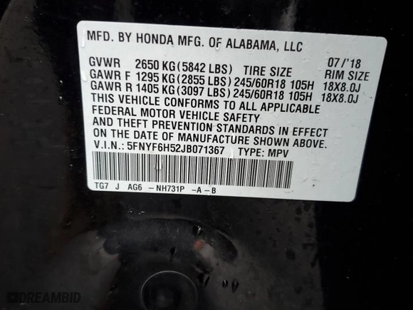 2018 Honda Pilot EX-L with VIN 5FNYF6H52JB071367, listed as a Copart auction lot 83959834 with 108,761 mi miles and Salvage Title. Bid and sale history available at carsss.com. Image 15.