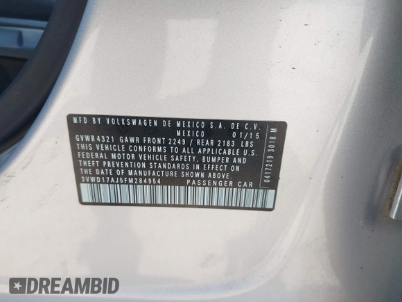 2015 Volkswagen Jetta SE with VIN 3VWD17AJ5FM284954, listed as a IAAI auction lot 42648257 with 192,230 mi miles and . Bid and sale history available at DreamBid. Image 9.