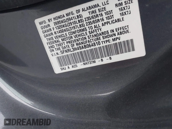 2010 Honda Odyssey EX with VIN 5FNRL3H49AB064810, listed as a IAAI auction lot 42021757 with 268,071 mi miles. Bid and sale history available at carsss.com. Image 9.