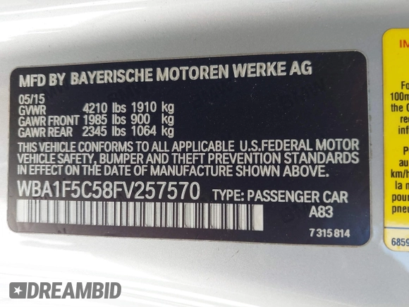 2015 BMW 2 Series 228i with VIN WBA1F5C58FV257570, listed as a IAAI auction lot 41783929 with 229,893 mi miles. Bid and sale history available at carsss.com. Image 9.