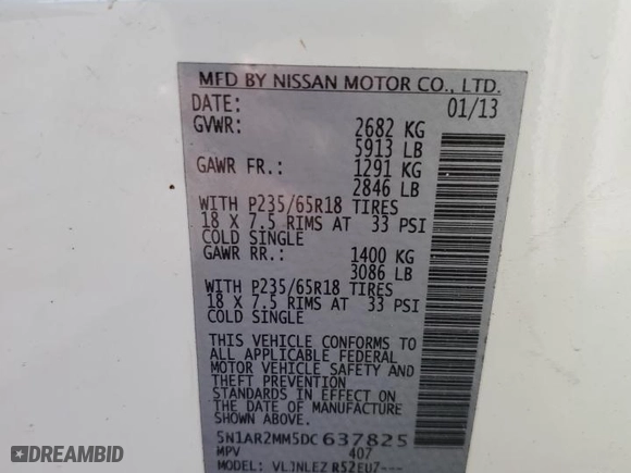 2013 Nissan Pathfinder SL with VIN 5N1AR2MM5DC637825, listed as a Copart auction lot 47113945 with 137,425 mi miles and Salvage Title. Bid and sale history available at carsss.com. Image 13.