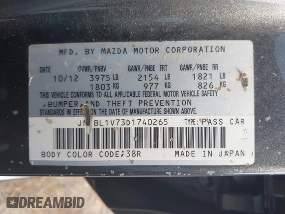 2013 Mazda 3 i Touring with VIN JM1BL1V73D1740265, listed as a IAAI auction lot 42120451 with 92,331 mi miles and . Bid and sale history available at DreamBid. Image 9.