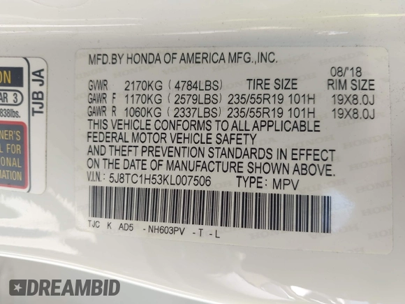 2019 Acura RDX Technology with VIN 5J8TC1H53KL007506, listed as a IAAI auction lot 42158315 with 123,323 mi miles and . Bid and sale history available at DreamBid. Image 9.
