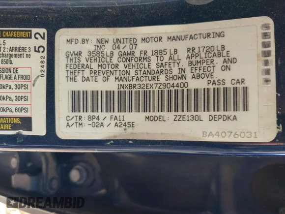 2007 Toyota Corolla CE with VIN 1NXBR32EX7Z904400, listed as a IAAI auction lot 41952406 with 141,655 mi miles and . Bid and sale history available at DreamBid. Image 9.