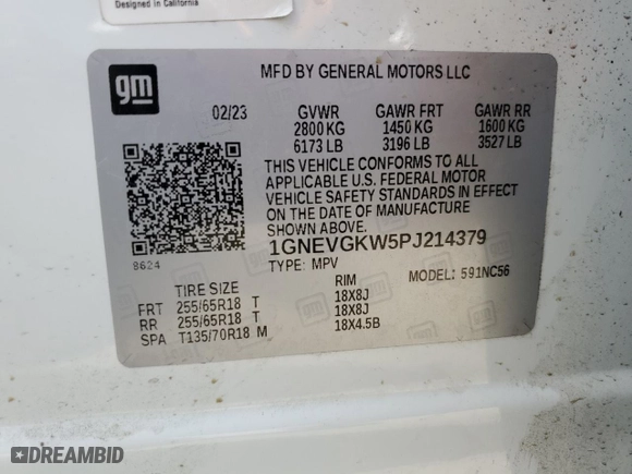2023 Chevrolet Traverse LT Cloth with VIN 1GNEVGKW5PJ214379, listed as a Copart auction lot 46196505 with 25,749 mi miles and Salvage Title. Bid and sale history available at carsss.com. Image 16.
