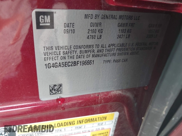2011 Buick LaCrosse CX with VIN 1G4GA5EC2BF196661, listed as a IAAI auction lot 42439608 with 84,531 mi miles and . Bid and sale history available at DreamBid. Image 9.