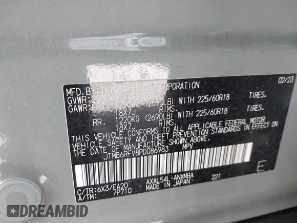2023 Toyota RAV4 Hybrid XLE Premium with VIN JTMB6RFV8PD086983, listed as a IAAI auction lot 41612674 with 70,817 mi miles. Bid and sale history available at carsss.com. Image 9.