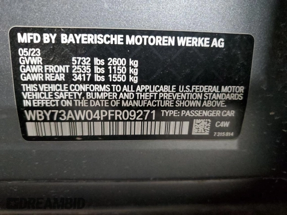 2023 BMW i4 eDrive40 z VIN WBY73AW04PFR09271, wystawiony jako Copart lot #58657405 z przebiegiem Nie podano mil oraz Tytuł czysty. Historia ofert i sprzedaży dostępna na DreamBid. Obrazek 12.