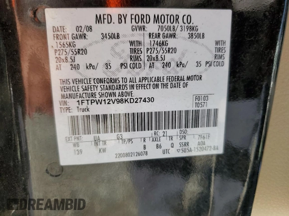 2008 Ford F-150 XLT with VIN 1FTPW12V98KD27430, listed as a Copart auction lot 84651584 with 204,918 mi miles and Salvage Title. Bid and sale history available at DreamBid. Image 12.