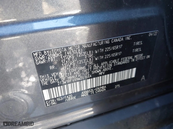 2022 Toyota RAV4 XLE with VIN 2T3W1RFVXNW201664, listed as a IAAI auction lot 41781586 with 59,236 mi miles. Bid and sale history available at carsss.com. Image 9.