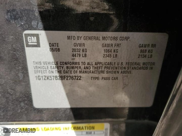 2008 Chevrolet Malibu LTZ with VIN 1G1ZK57B28F276722, listed as a Copart auction lot 89044775 with 181,690 mi miles and Salvage Title. Bid and sale history available at carsss.com. Image 12.