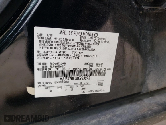 2019 Ford EcoSport SE z VIN MAJ3S2GE5KC263273, wystawiony jako Copart lot #51275975 z przebiegiem 125 131 mil mil oraz Szkoda całkowita • Salvage title. Historia ofert i sprzedaży dostępna na DreamBid. Obrazek 14.