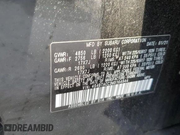 2021 Subaru Outback Premium with VIN 4S4BTACC2M3164944, listed as a Copart auction lot 58767845 with 32,419 mi miles and Salvage title. Bid and sale history available at DreamBid. Image 13.