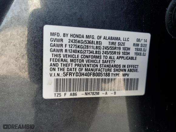 2015 Acura MDX Tech Pkg with VIN 5FRYD3H40FB005188, listed as a Copart auction lot 46135825 with 109,534 mi miles and Salvage Title. Bid and sale history available at carsss.com. Image 15.