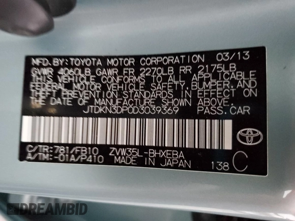 2013 Toyota Prius z VIN JTDKN3DP0D3039369, wystawiony jako Copart lot #86335784 z przebiegiem 155 916 mil mil oraz Szkoda całkowita • Salvage title. Historia ofert i sprzedaży dostępna na DreamBid. Obrazek 13.