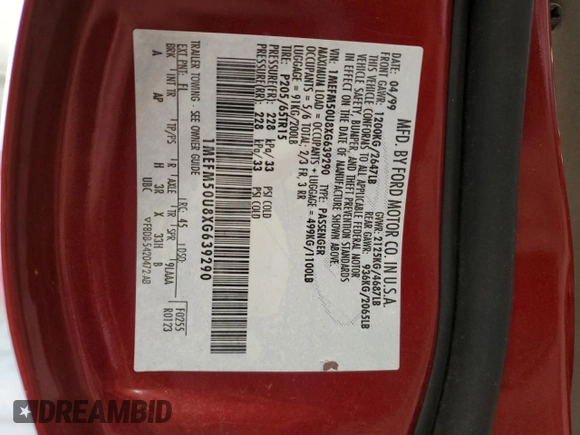 1999 Mercury Sable GS with VIN 1MEFM50U8XG639290, listed as a Copart auction lot 63098155 with 180,082 mi miles and Clean title. Bid and sale history available at DreamBid. Image 12.