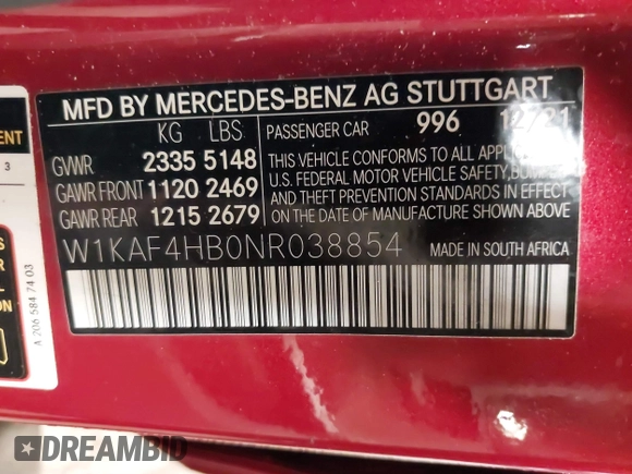 2022 Mercedes-Benz C 300 with VIN W1KAF4HB0NR038854, listed as a IAAI auction lot 37398847 with 12,776 mi miles and . Bid and sale history available at DreamBid. Image 9.