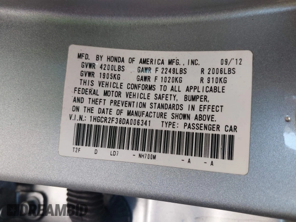 2013 Honda Accord LX z VIN 1HGCR2F38DA006341, wystawiony jako IAAI lot #42304220 z przebiegiem 173 664 mil mil oraz . Historia ofert i sprzedaży dostępna na DreamBid. Obrazek 9.