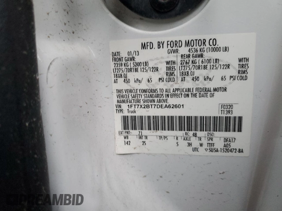 2013 Ford F-250 XL with VIN 1FT7X2BT7DEA62601, listed as a Copart auction lot 43250835 with 124,399 mi miles and Salvage Title. Bid and sale history available at DreamBid. Image 13.
