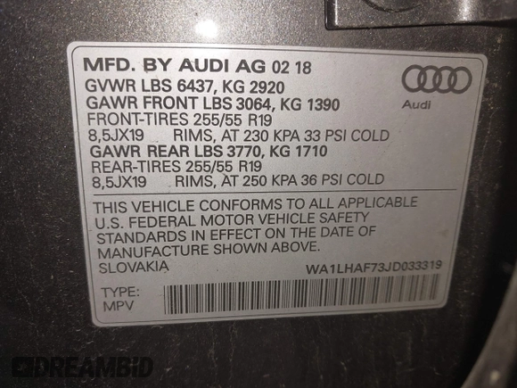 2018 Audi Q7 Premium Plus z VIN WA1LHAF73JD033319, wystawiony jako IAAI lot #42491771 z przebiegiem 96 082 mil mil oraz . Historia ofert i sprzedaży dostępna na DreamBid. Obrazek 9.