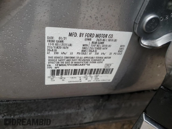 2021 Ford Explorer Limited с VIN 1FMSK7FH3MGA85756, выставлен на аукционе Copart как лот 47276695 с пробегом 76 220 миль миль и Списание • Salvage title. История ставок и продаж доступна на DreamBid. Изображение 13.