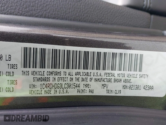 2020 Dodge Durango GT with VIN 1C4RDHDG3LC301544, listed as a IAAI auction lot 42429339 with 95,453 mi miles and . Bid and sale history available at DreamBid. Image 9.