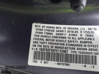 2015 Honda Civic LX with VIN 19XFB2F5XFE112467, listed as a IAAI auction lot 41901143 with 215,192 mi miles and . Bid and sale history available at DreamBid. Image 9.