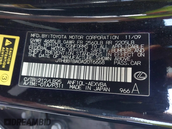 2010 Lexus HS 250h with VIN JTHBB1BA0A2016668, listed as a IAAI auction lot 42141367 with 120,823 mi miles. Bid and sale history available at carsss.com. Image 9.