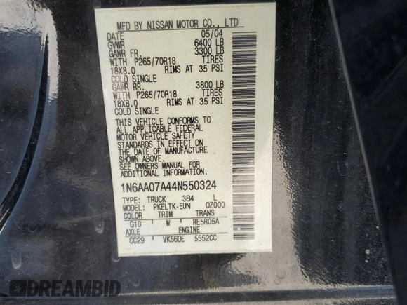 2004 Nissan Titan SE with VIN 1N6AA07A44N550324, listed as a Copart auction lot 48570595 with 206,330 mi miles and Salvage title. Bid and sale history available at DreamBid. Image 15.