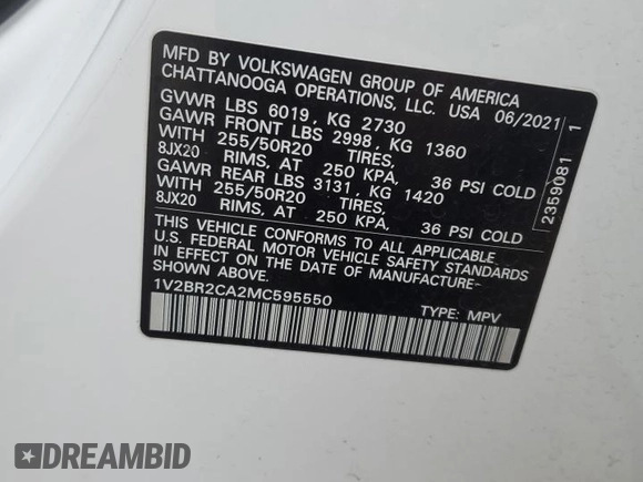 2021 Volkswagen Atlas SEL with VIN 1V2BR2CA2MC595550, listed as a Copart auction lot 45566115 with 57,244 mi miles and Salvage title. Bid and sale history available at DreamBid. Image 15.