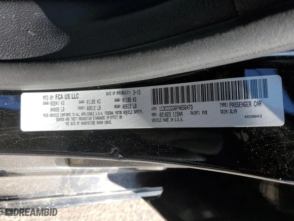 2015 Chrysler 200 C with VIN 1C3CCCEG6FN656473, listed as a Copart auction lot 51035755 with 66,500 mi miles and Salvage Title. Bid and sale history available at carsss.com. Image 12.