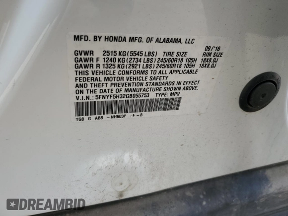 2016 Honda Pilot EX with VIN 5FNYF5H32GB055753, listed as a Copart auction lot 41449945 with 163,264 mi miles and Salvage Title. Bid and sale history available at carsss.com. Image 13.