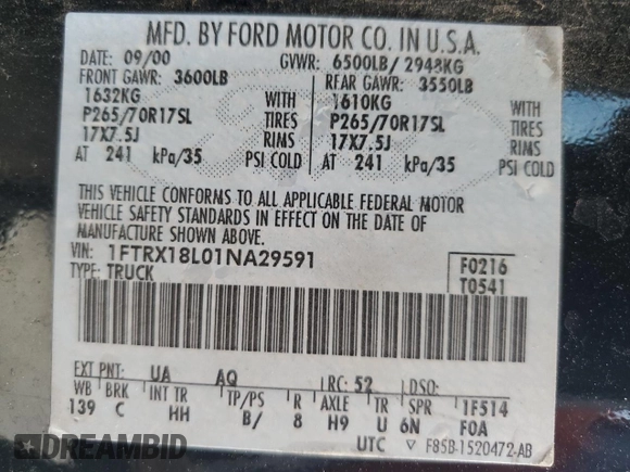 2001 Ford F-150 XL with VIN 1FTRX18L01NA29591, listed as a Copart auction lot 50591035 with 250,345 mi miles and Salvage Title. Bid and sale history available at carsss.com. Image 12.