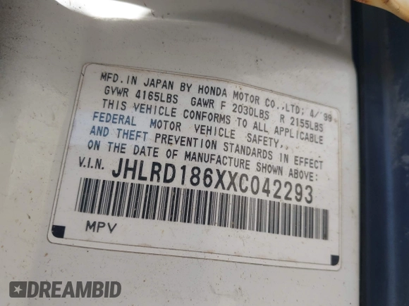1999 Honda CR-V EX with VIN JHLRD186XXC042293, listed as a IAAI auction lot 42046143 with 276,290 mi miles. Bid and sale history available at carsss.com. Image 9.