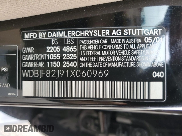2001 Mercedes-Benz E-Class AWD with VIN WDBJF82J91X060969, listed as a Copart auction lot 71986544 with 113,694 mi miles and Salvage Title. Bid and sale history available at carsss.com. Image 14.
