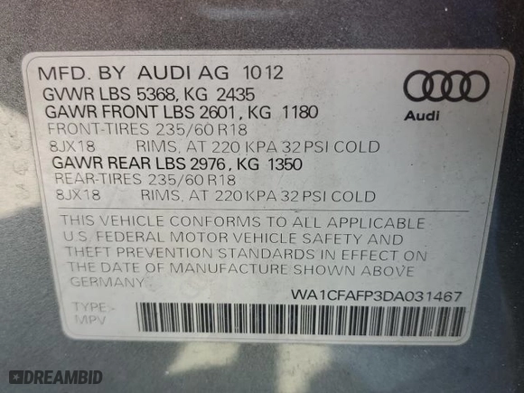 2013 Audi Q5 Premium with VIN WA1CFAFP3DA031467, listed as a Copart auction lot 47008085 with 133,182 mi miles and Clean Title. Bid and sale history available at carsss.com. Image 14.