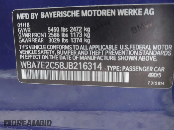 2018 BMW 7 Series 740i with VIN WBA7E2C58JB216314, listed as a IAAI auction lot 41867480 with 62,678 mi miles. Bid and sale history available at carsss.com. Image 9.