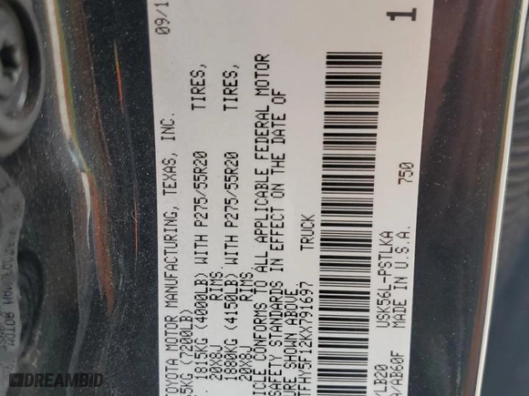 2019 Toyota Tundra 4WD SR5 with VIN 5TFHY5F12KX791697, listed as a Copart auction lot 44235845 with 78,935 mi miles and Salvage Title. Bid and sale history available at carsss.com. Image 13.