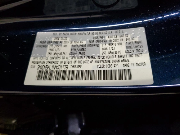 2022 Mazda CX-30 S with VIN 3MVDMBAL1NM401179, listed as a Copart auction lot 44798635 with Not provided miles and Salvage title. Bid and sale history available at DreamBid. Image 12.