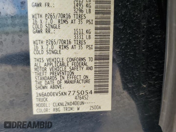 2019 Nissan Frontier SV with VIN 1N6AD0EV5KN775054, listed as a Copart auction lot 56900415 with 30,948 mi miles and Salvage title. Bid and sale history available at DreamBid. Image 12.