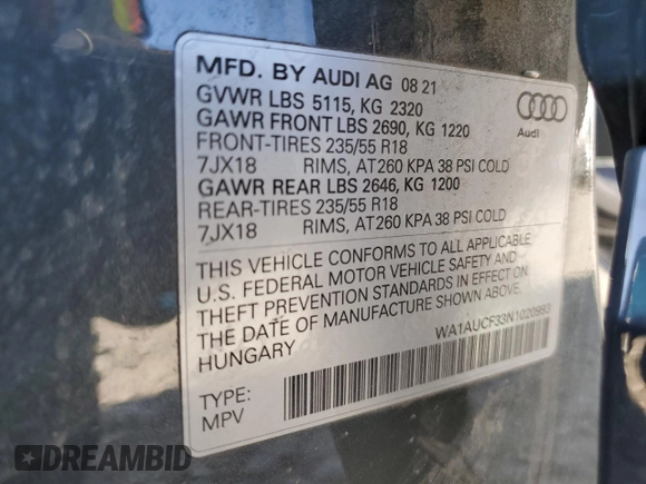 2022 Audi Q3 Premium with VIN WA1AUCF33N1020993, listed as a Copart auction lot 47046495 with 33,382 mi miles and Salvage Title. Bid and sale history available at carsss.com. Image 13.