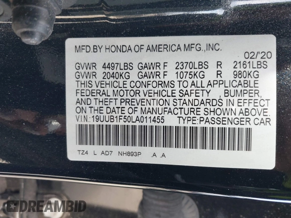 2020 Acura TLX w/Technology Pkg with VIN 19UUB1F50LA011455, listed as a IAAI auction lot 41708297 with 108,363 mi miles. Bid and sale history available at carsss.com. Image 9.